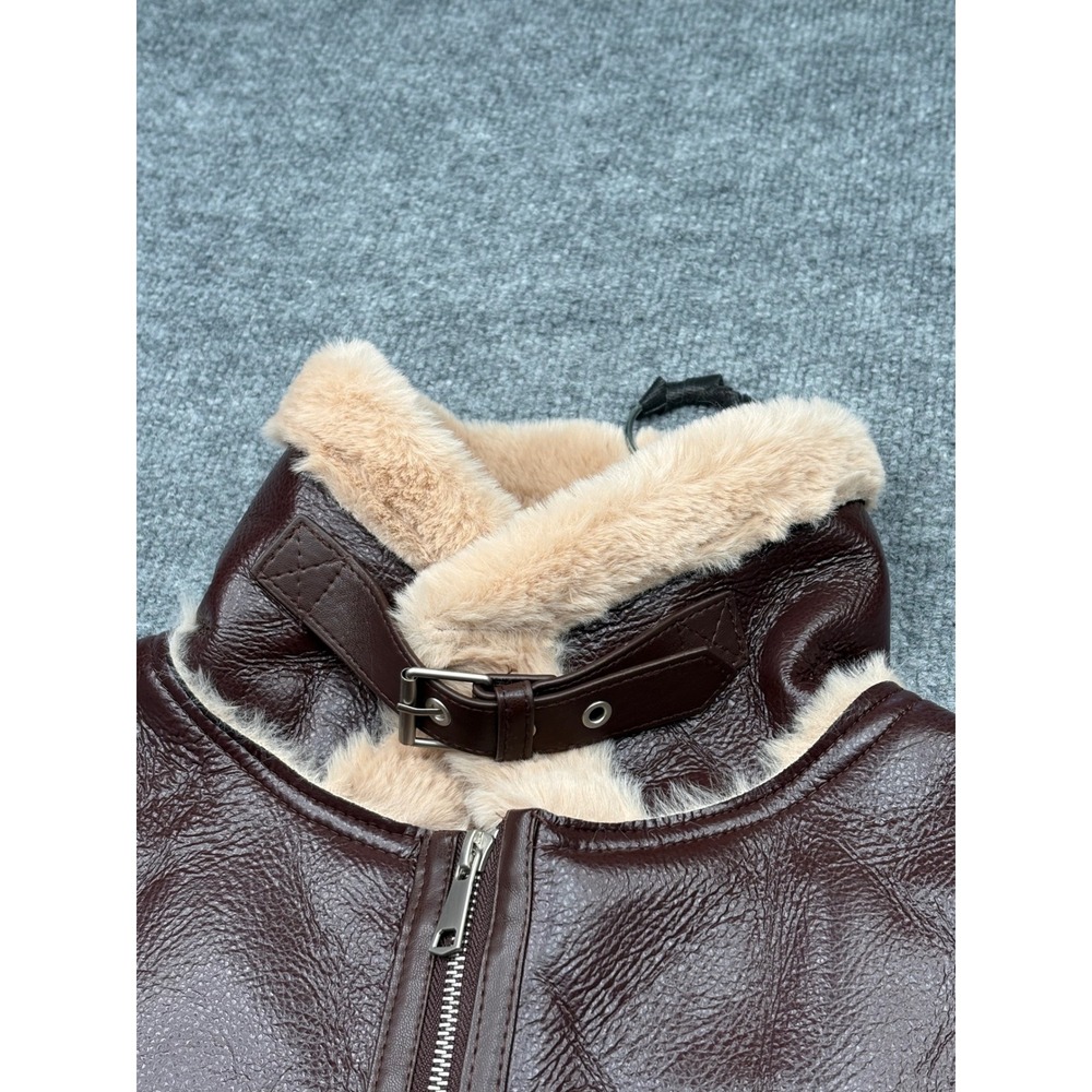 36points Womens Small Burgundy Faux Leather Aviator Bomber Jacket Faux Fur Trim - Picture 16 of 16